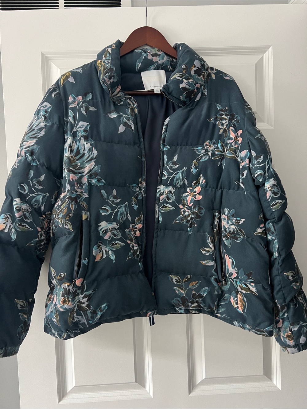 Anthropologie Floral Quilted Puffer Jacket in Teal with Pink Accents
